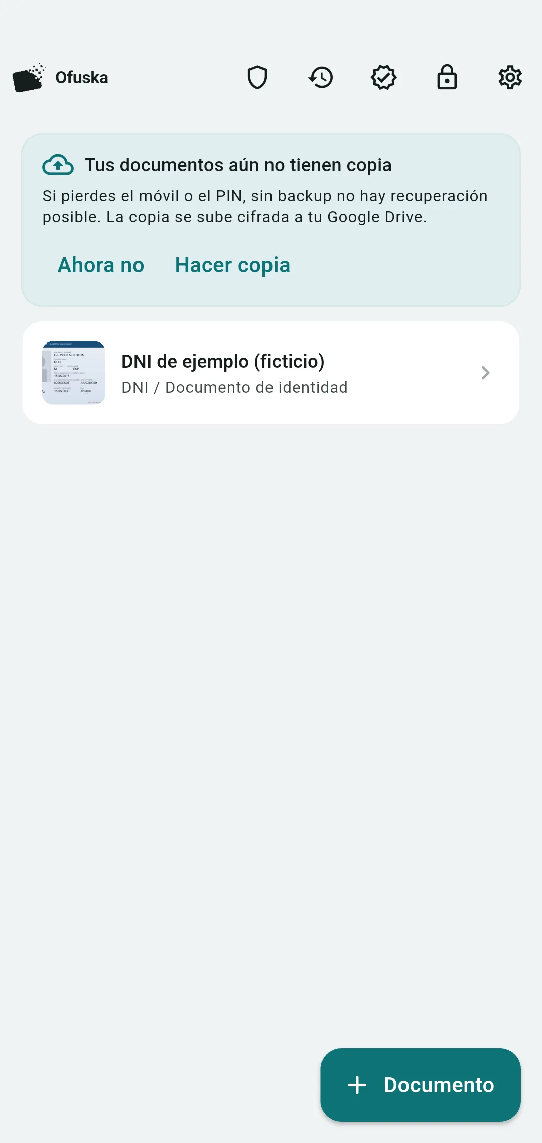 Listado de documentos guardados y cifrados en Ofuska