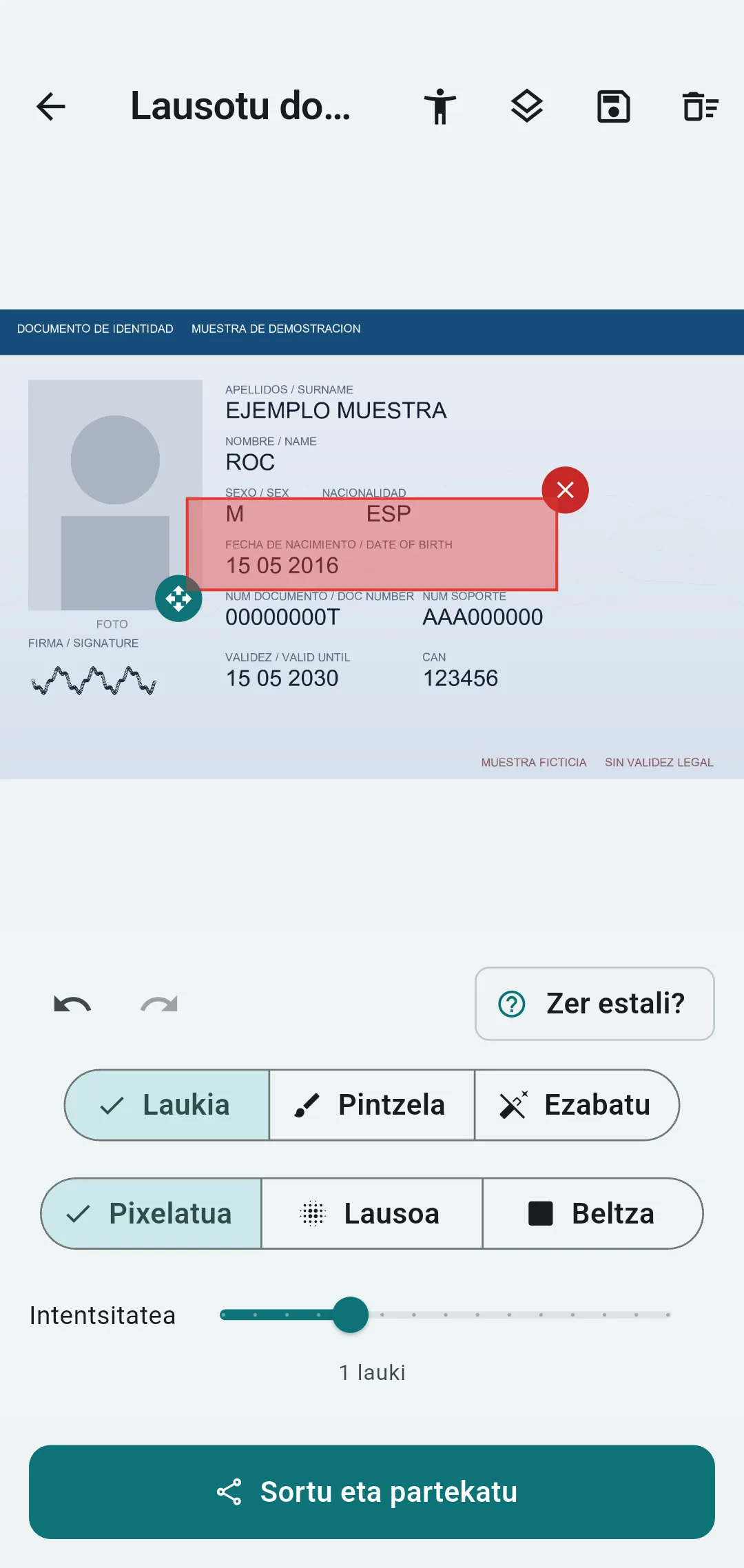 Ofuska editorea NANaren dokumentu-zenbakia eta CANa barra beltzez estalita