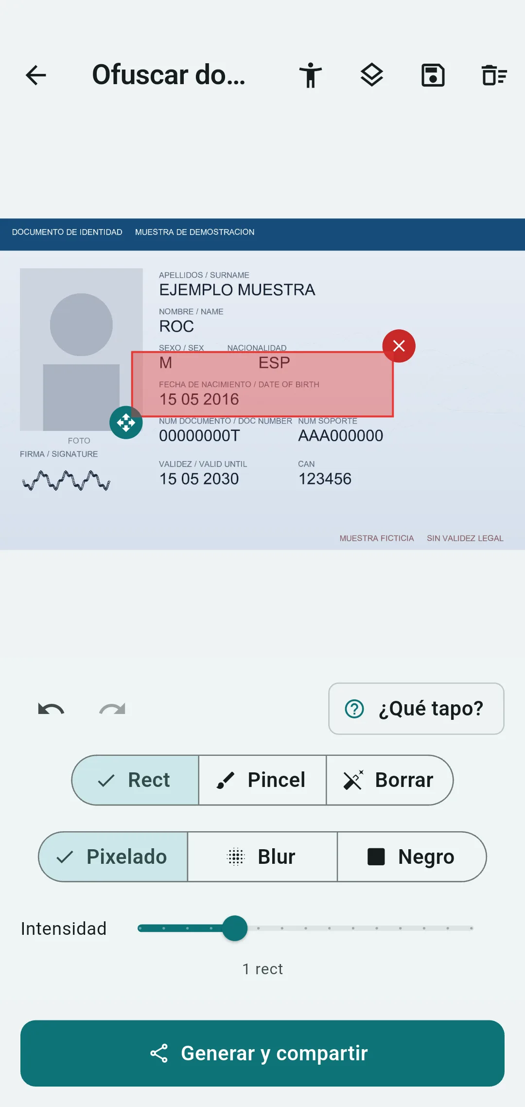 Editor de Ofuska con el número de documento y el CAN del DNI tapados con barras negras