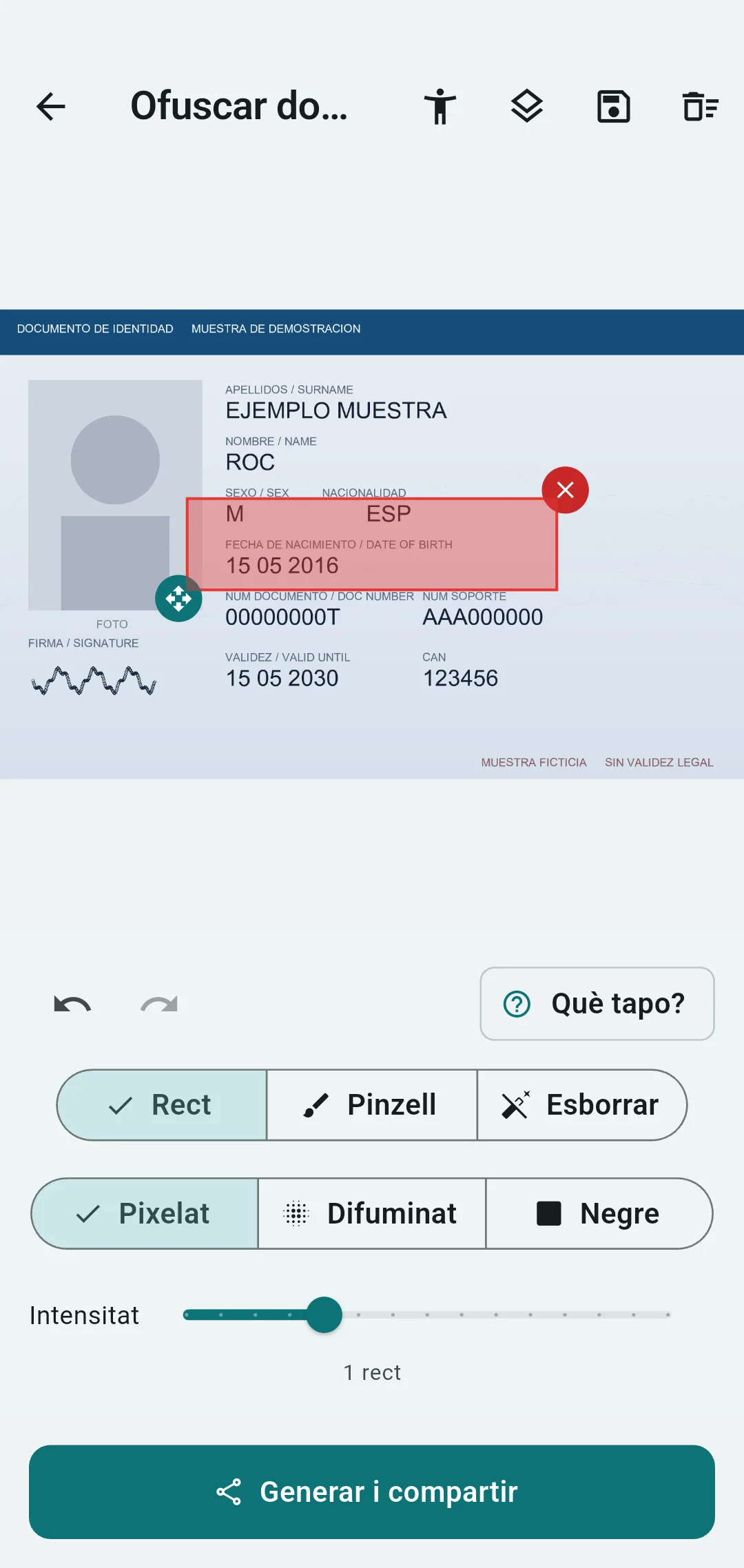 Editor d'Ofuska amb el número de document i el CAN del DNI tapats amb barres negres