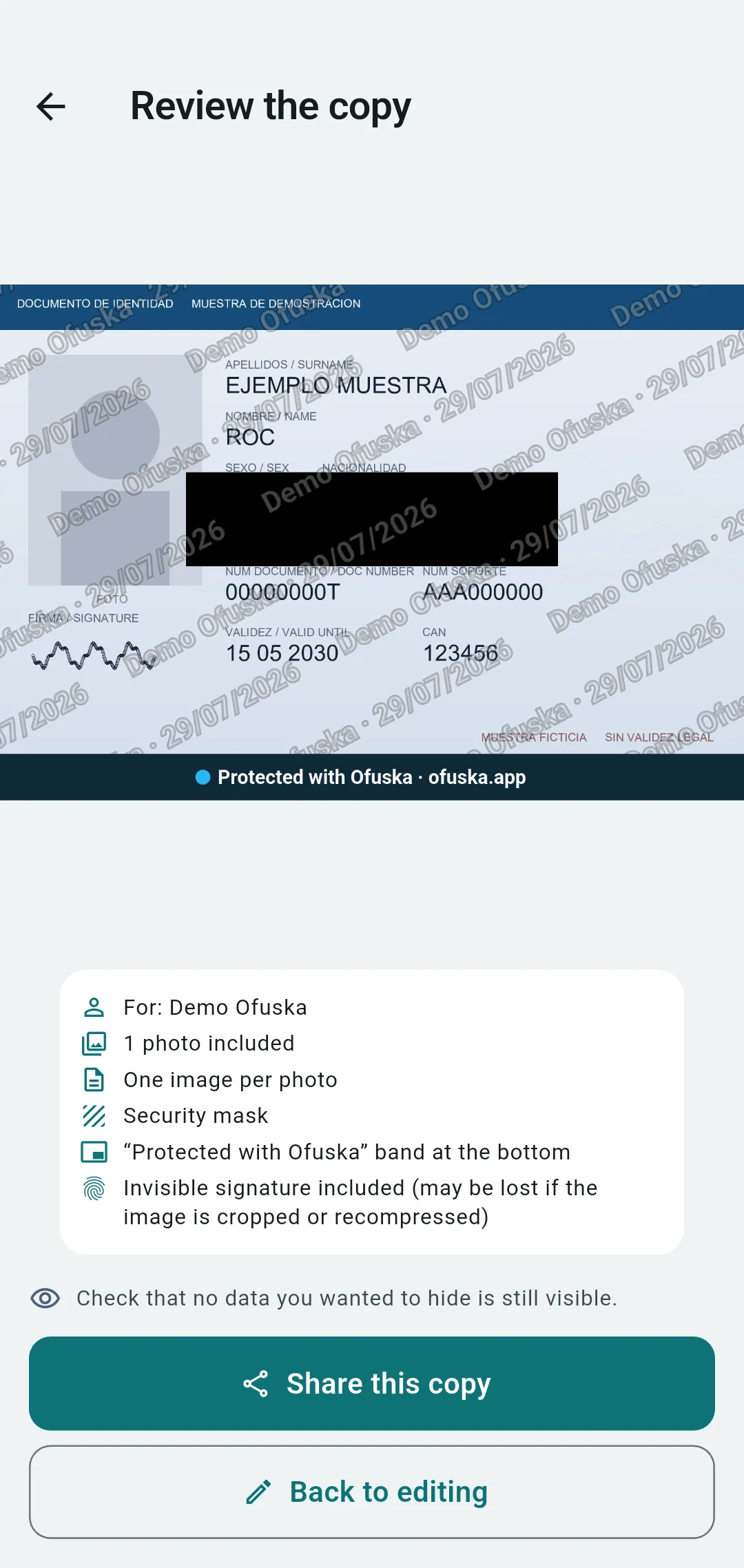 Redacted DNI copy for a recruitment process, marked with the company name