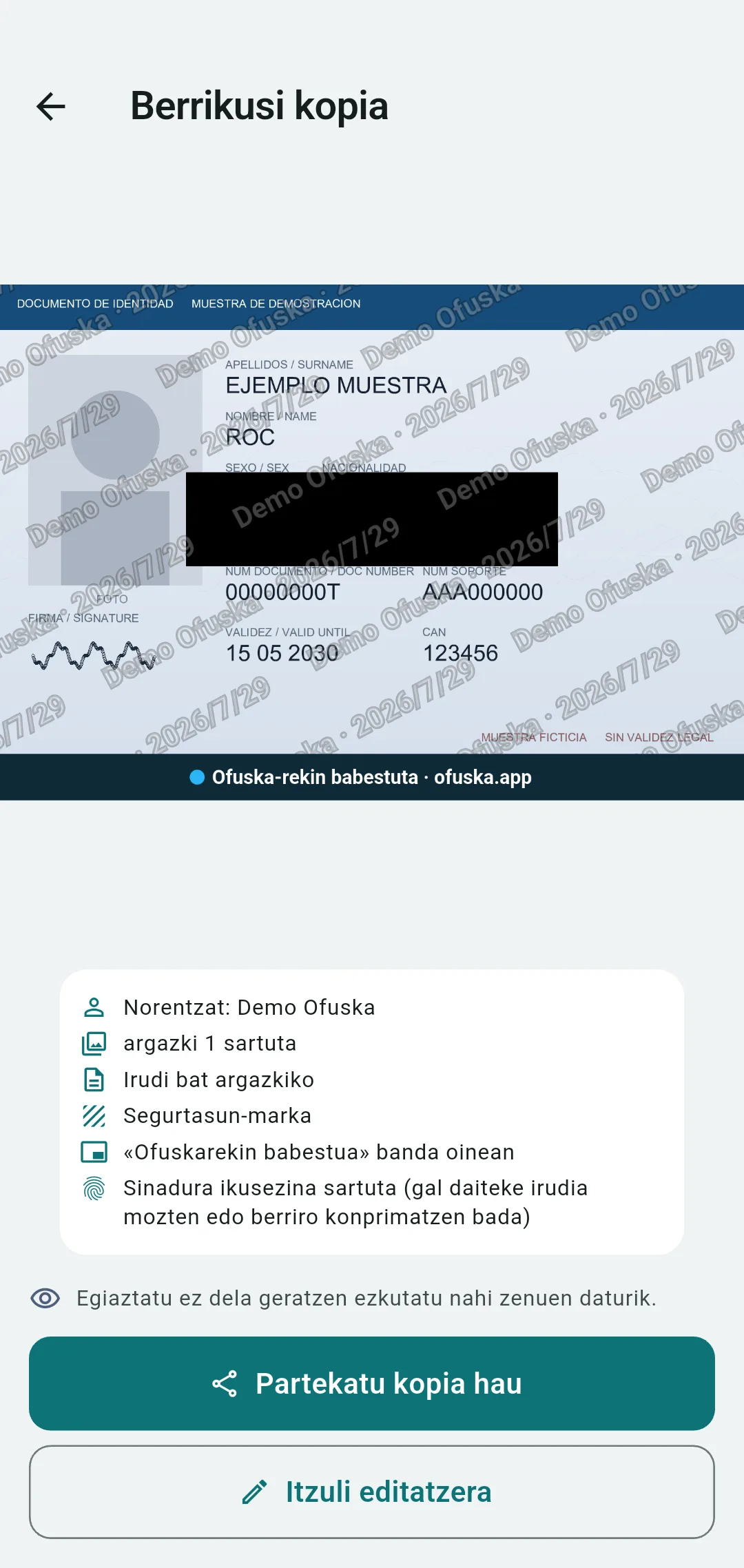 DNIaren kopia lausotua, hautaketa-prozesu baterako, enpresaren markarekin
