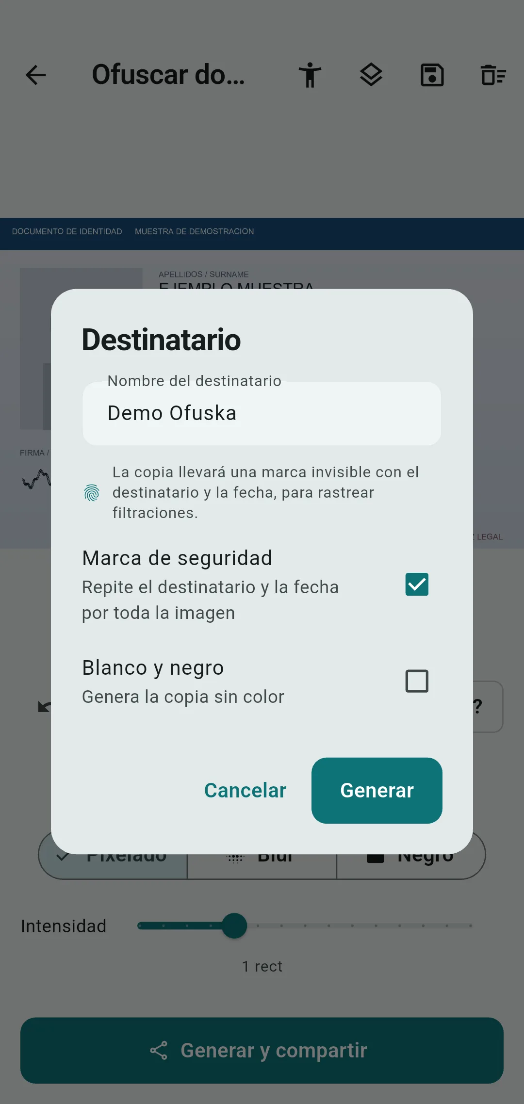 Copia de DNI marcada con el nombre de una entidad para una verificación KYC