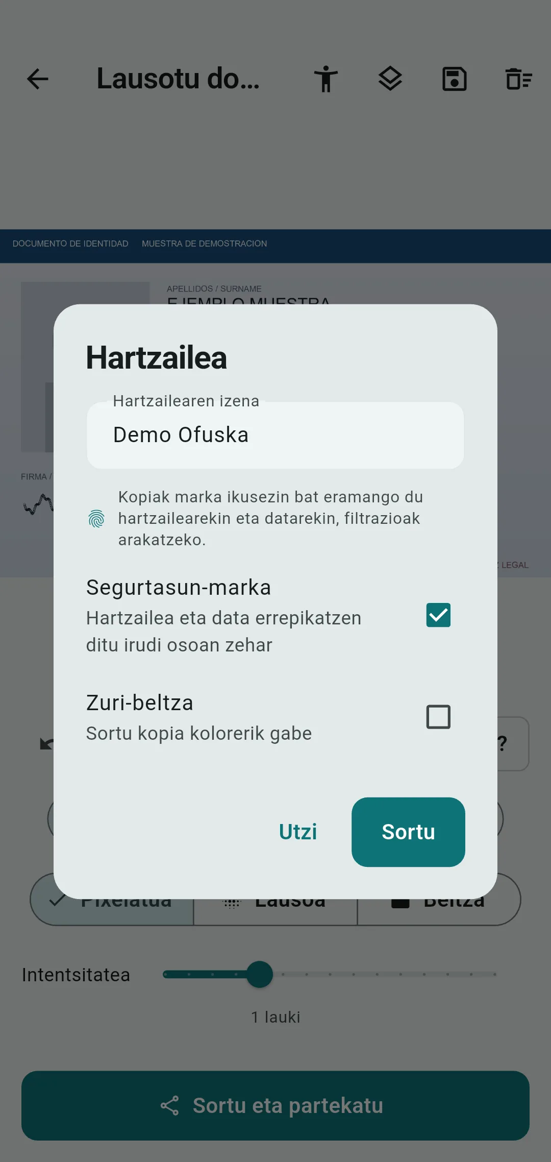 DNIaren kopia, erakunde baten izenarekin markatua, KYC egiaztapen baterako