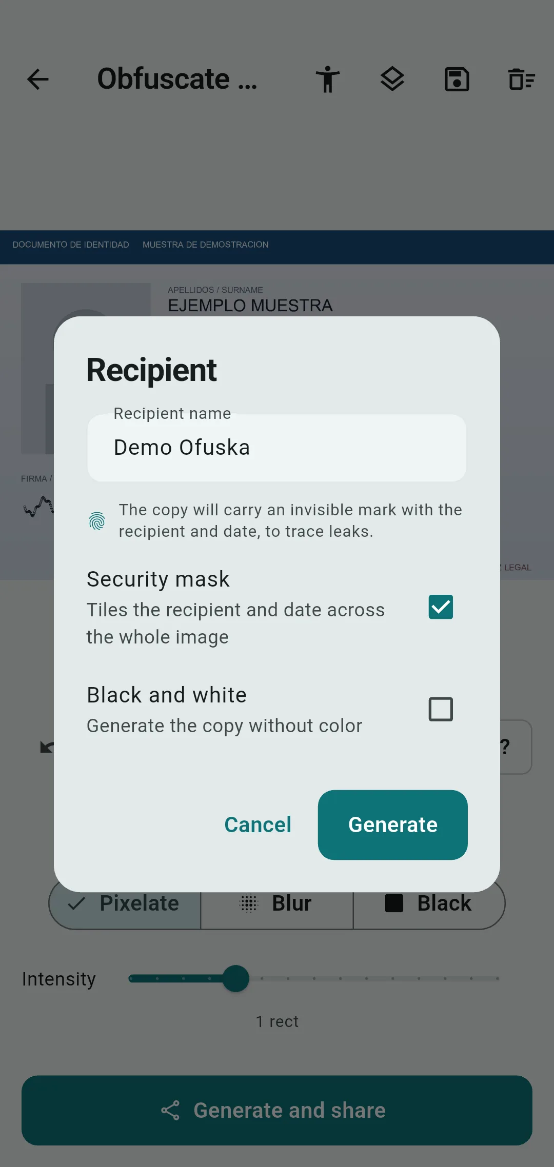 DNI copy marked with an entity's name for a KYC verification