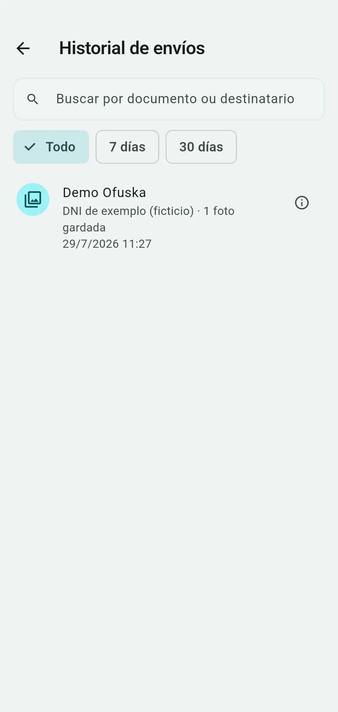 Historial de envíos de Ofuska coas copias arquivadas por destinatario