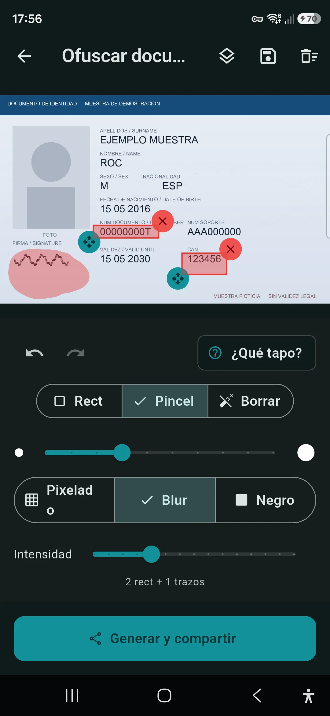 Editor d'Ofuska amb el número de document i el CAN del DNI tapats amb barres negres