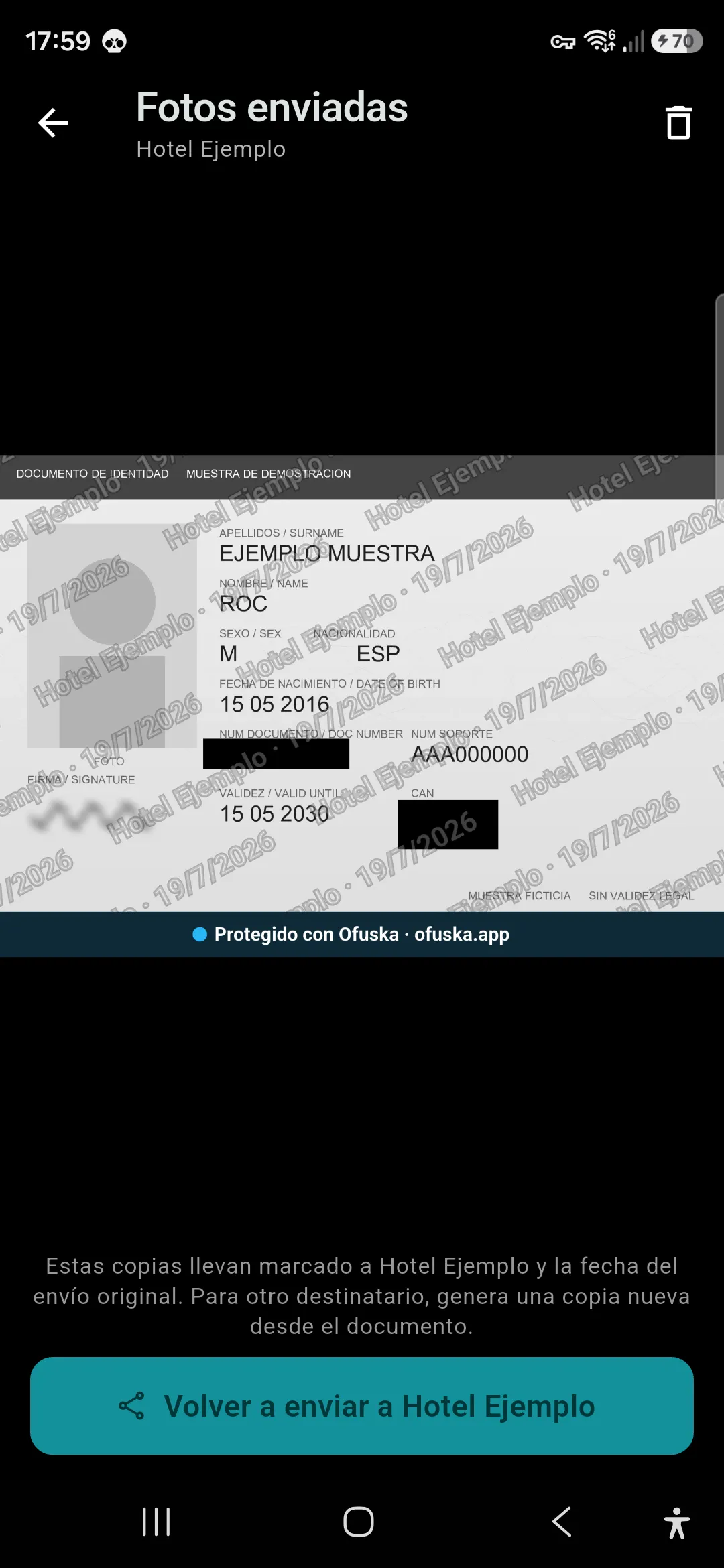 Còpia de DNI ofuscada per a un procés de selecció amb la marca de l'empresa