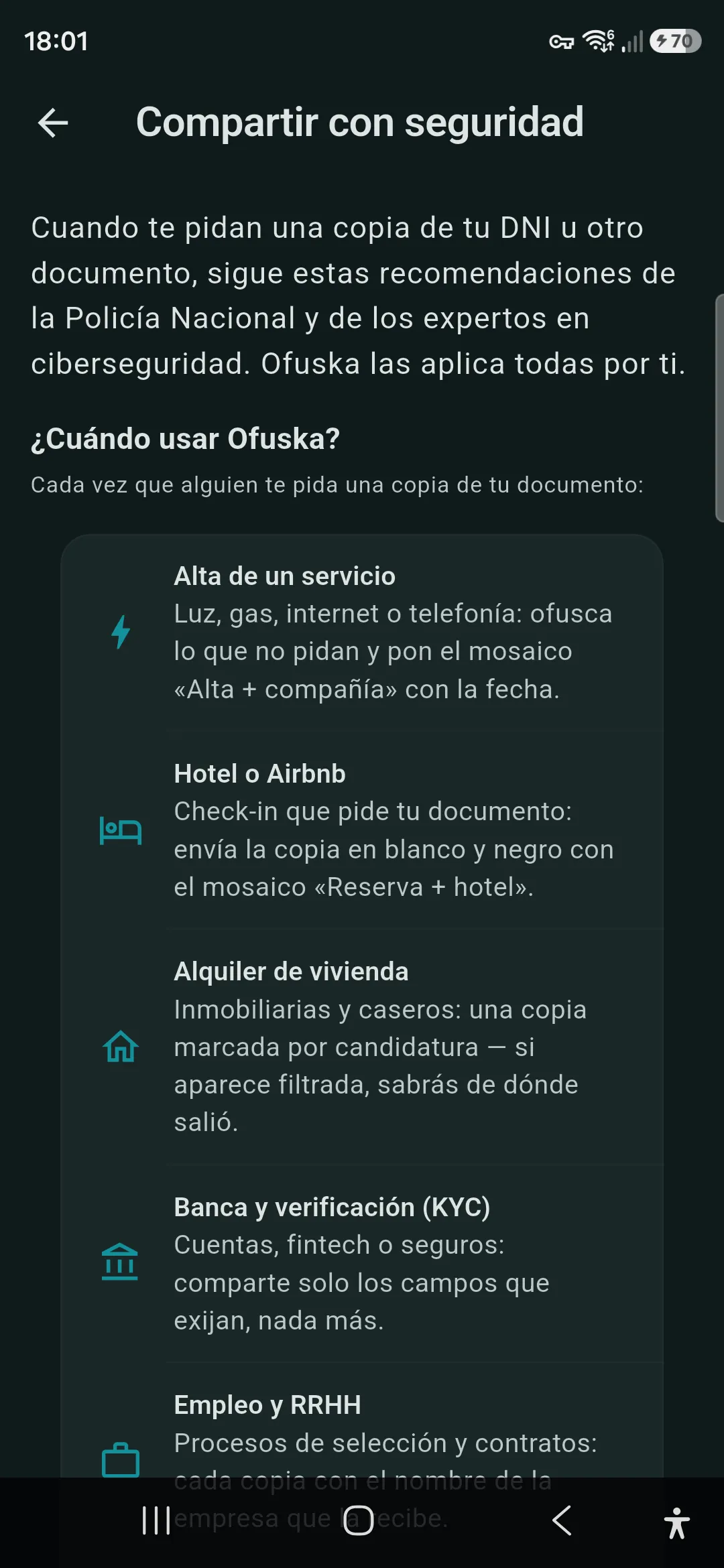 Pantalla de consells de seguretat d'Ofuska amb els casos d'ús més habituals