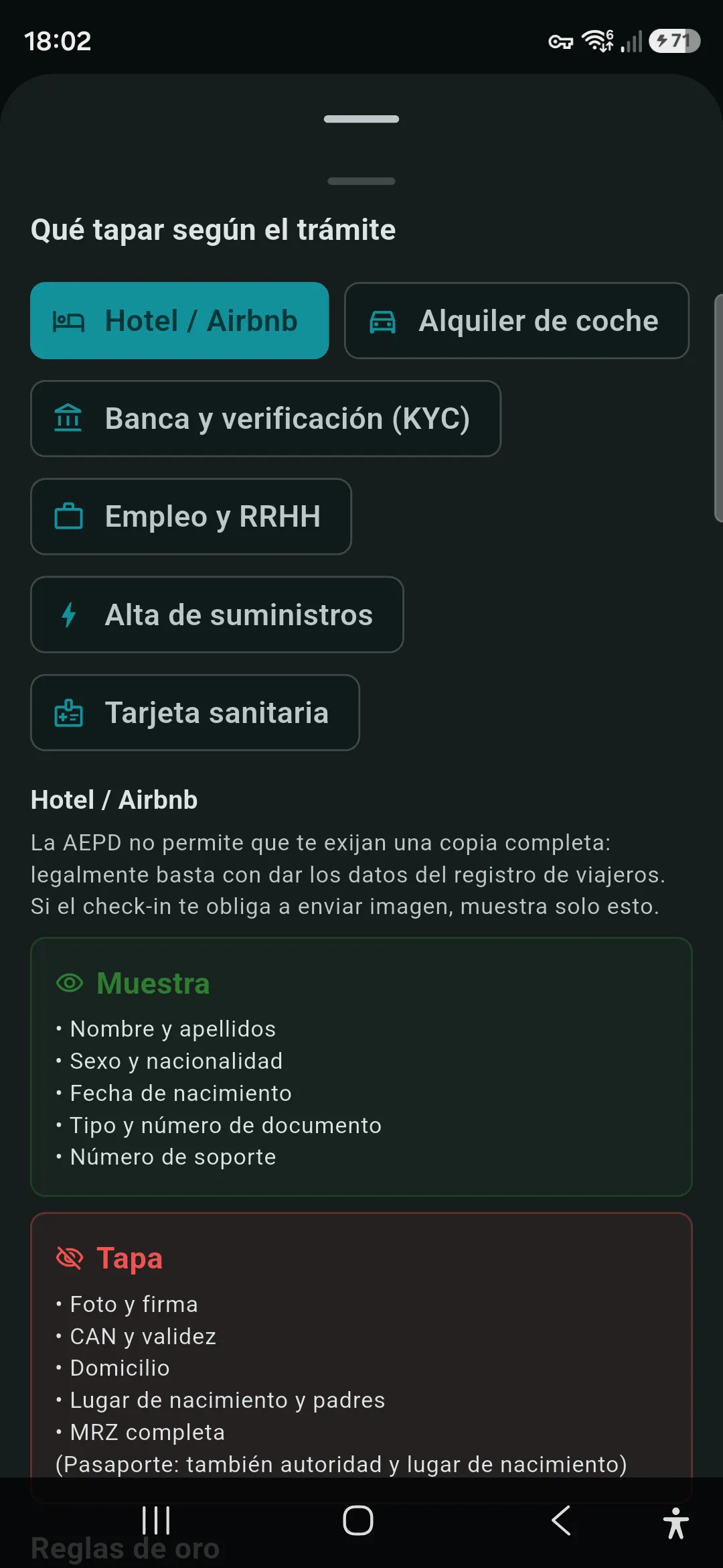 Guia «Què tapo?» d'Ofuska amb el tràmit Hotel seleccionat i les llistes de què mostrar i què tapar