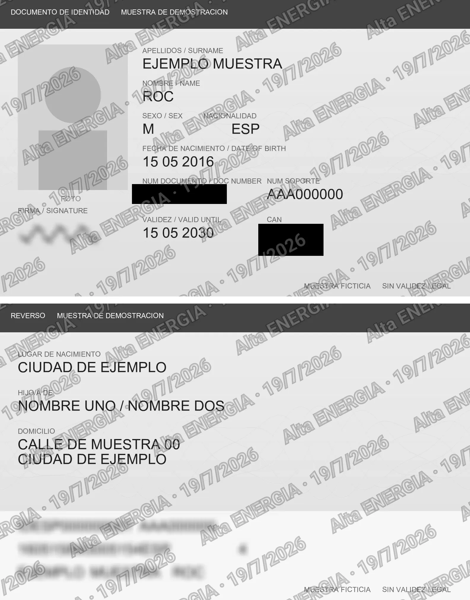 Anvers i revers del document apilats en una sola imatge en blanc i negre, amb la MRZ difuminada i el mosaic de seguretat